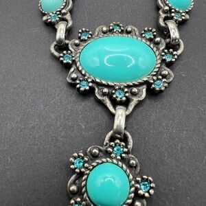 Vintage Necklace Turquoise Cabochons Ornate Silver Tone 15” Chain 3 1/2” Drop